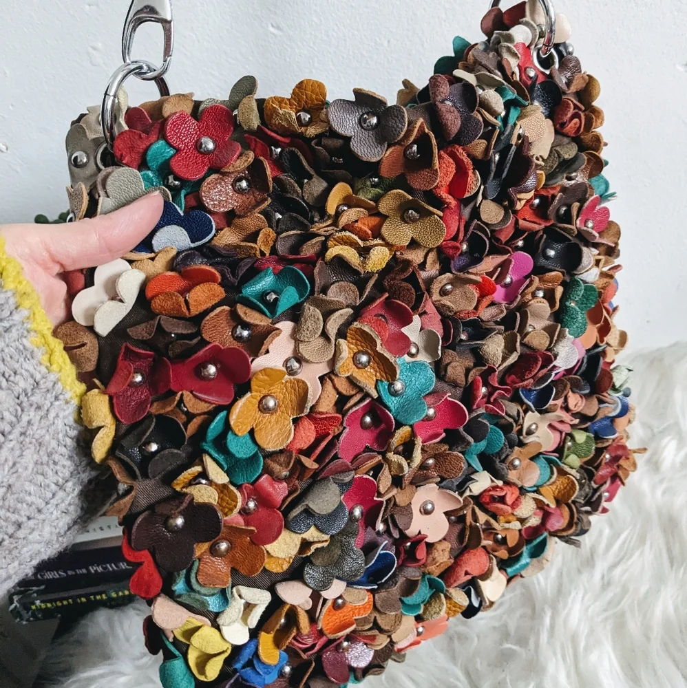 H2Z Recycled Leather Floral Studded Hobo Bag